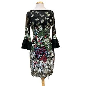 Jovani Butterfly Garden Sheath Dress Bateau Neck 3/4 Pleated Sleeves Back Zip, 8